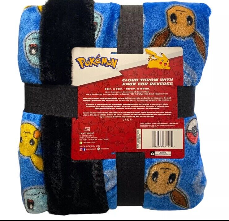 Pokemon Fleece Cloud Throw with Faux Polyester Fur Reverse, 50" x 60"