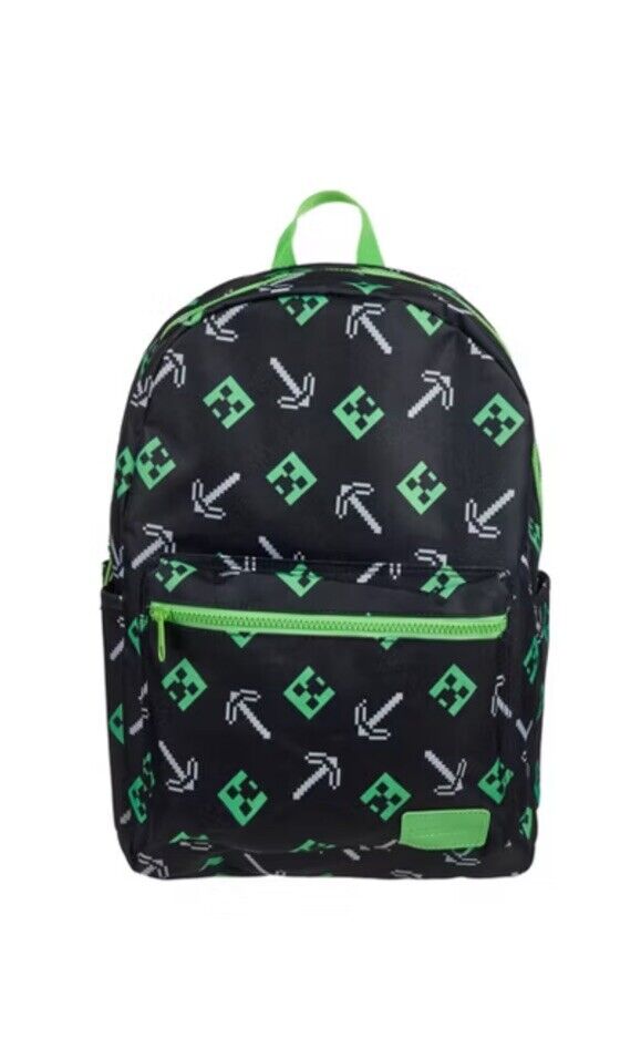 Minecraft Creeper All Over Print 16" School Boy Girl Gamer Black Green Backpack