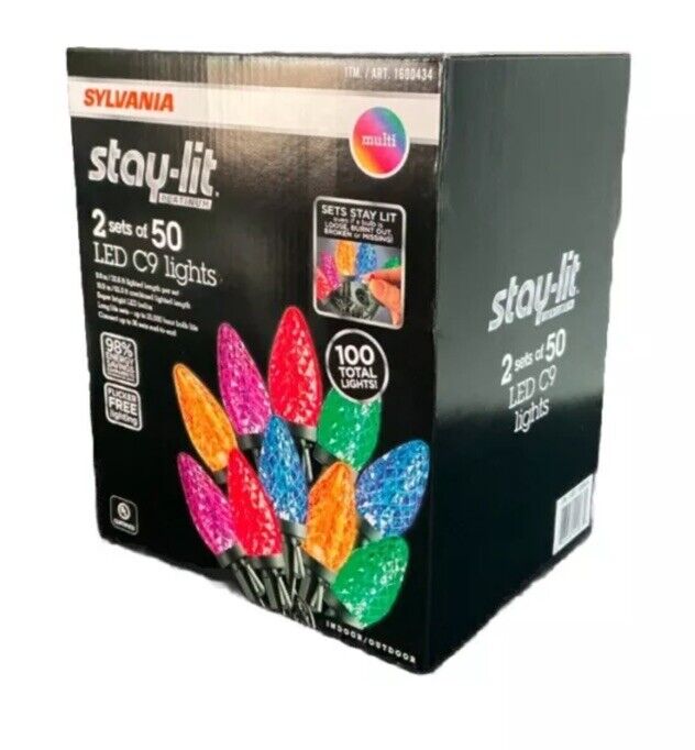 Sylvania Stay-Lit Platinum Strings LED C9 Christmas Lights, Multi Color (100 Ct)