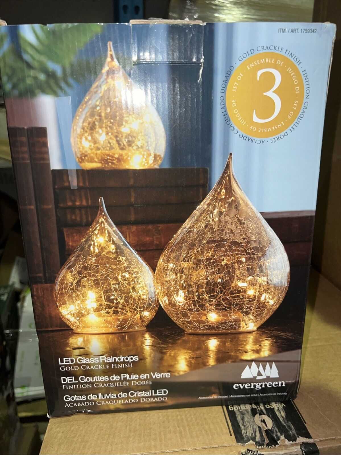 Evergreen LED Glass Raindrops LampsGOLD, Set of 3 (7.6" , 5.7", and 4.7" height)