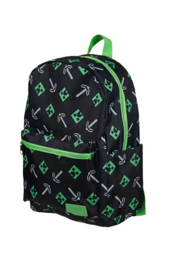 Minecraft Creeper All Over Print 16" School Boy Girl Gamer Black Green Backpack