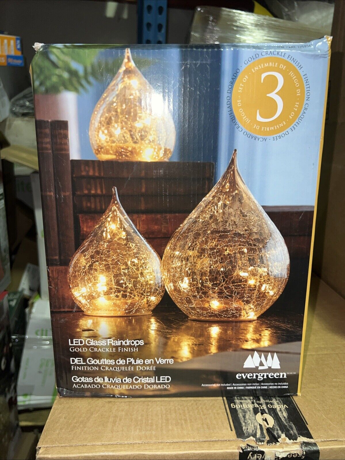 Evergreen LED Glass Raindrops LampsGOLD, Set of 3 (7.6" , 5.7", and 4.7" height)