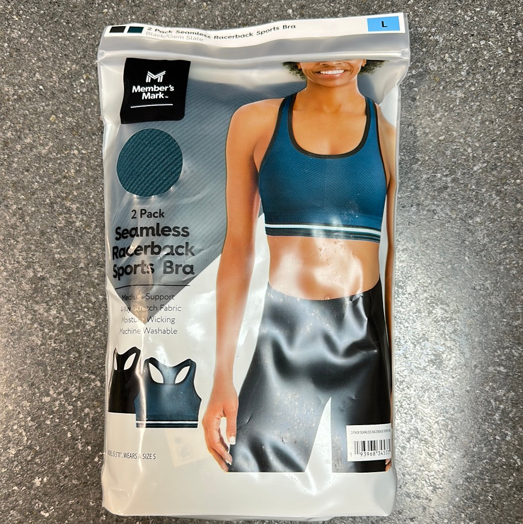 2 PK Seamless Racerback Sports Bra Blue L