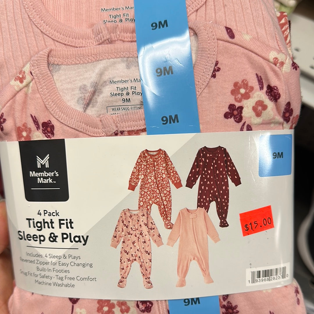 4 Pack Tight Fit Sleep & Play Pink- 9M