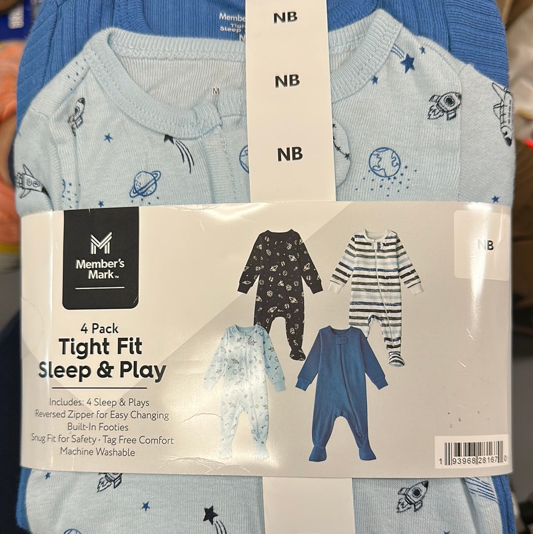 4 Pack Tight Fit Sleep & Play Blue- NB