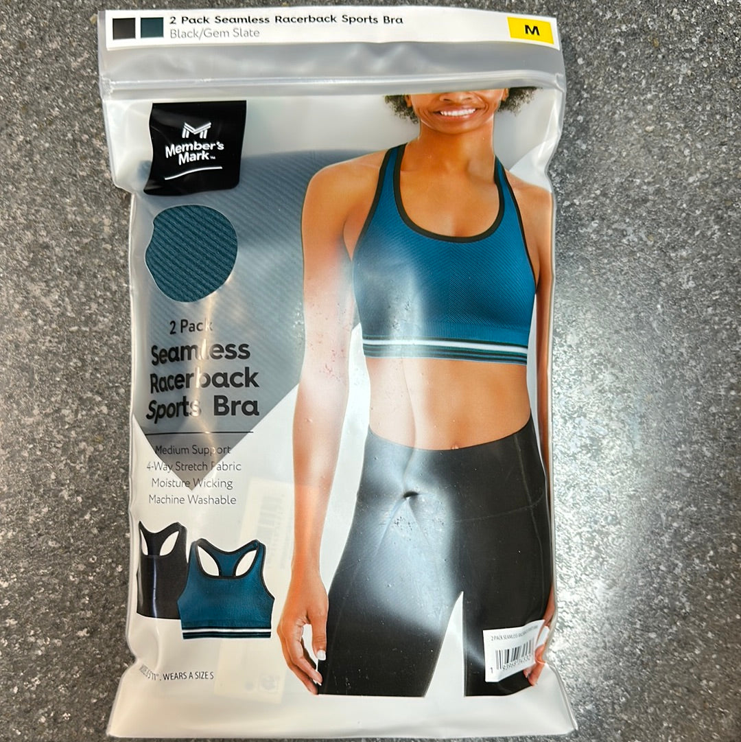 2 PK Seamless Racerback Sports Bra Blue M