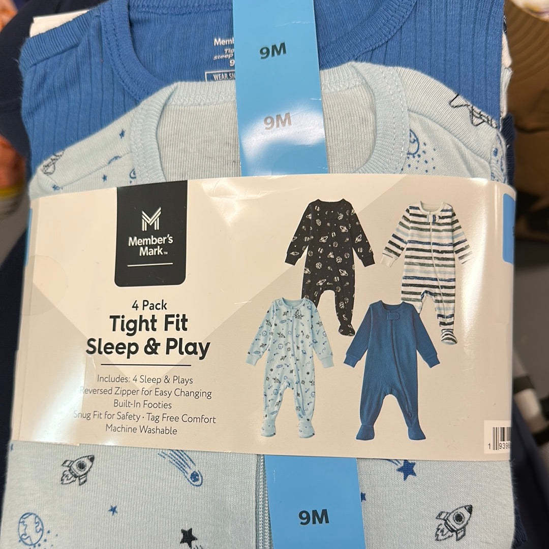 4 Pack Tight Fit Sleep & Play Blue- 9M