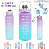 PURPLE/BLUE Set of 3 BPA-free Water Bottles 64 oz, 32 oz, and 16 oz. Motivational design with handle and straw. Matte finish in a beautiful gradient sky-blue color. Stay hydrated and inspired.