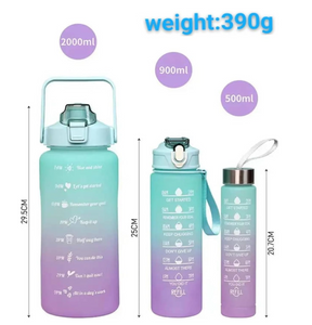 BLUE/PURBLE Set of 3 BPA-free Water Bottles 64 oz, 32 oz, and 16 oz. Motivational design with handle and straw. Matte finish in a beatiful gradient sky-blue color. Stay hydrated and inspired.