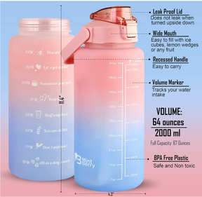 PINK/BLUE Set of 3 BPA-free Water Bottles 64 oz, 32 oz, and 16 oz. Motivational design with handle and straw. Matte finish in a beatiful gradient sky-blue color. Stay hydrated and inspired.